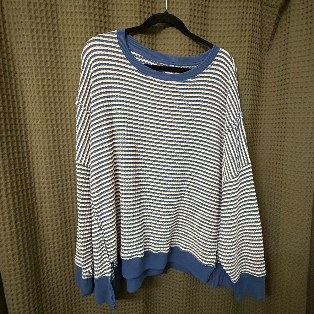 Aerie Big Hug Waffle Striped Blue and White Crew